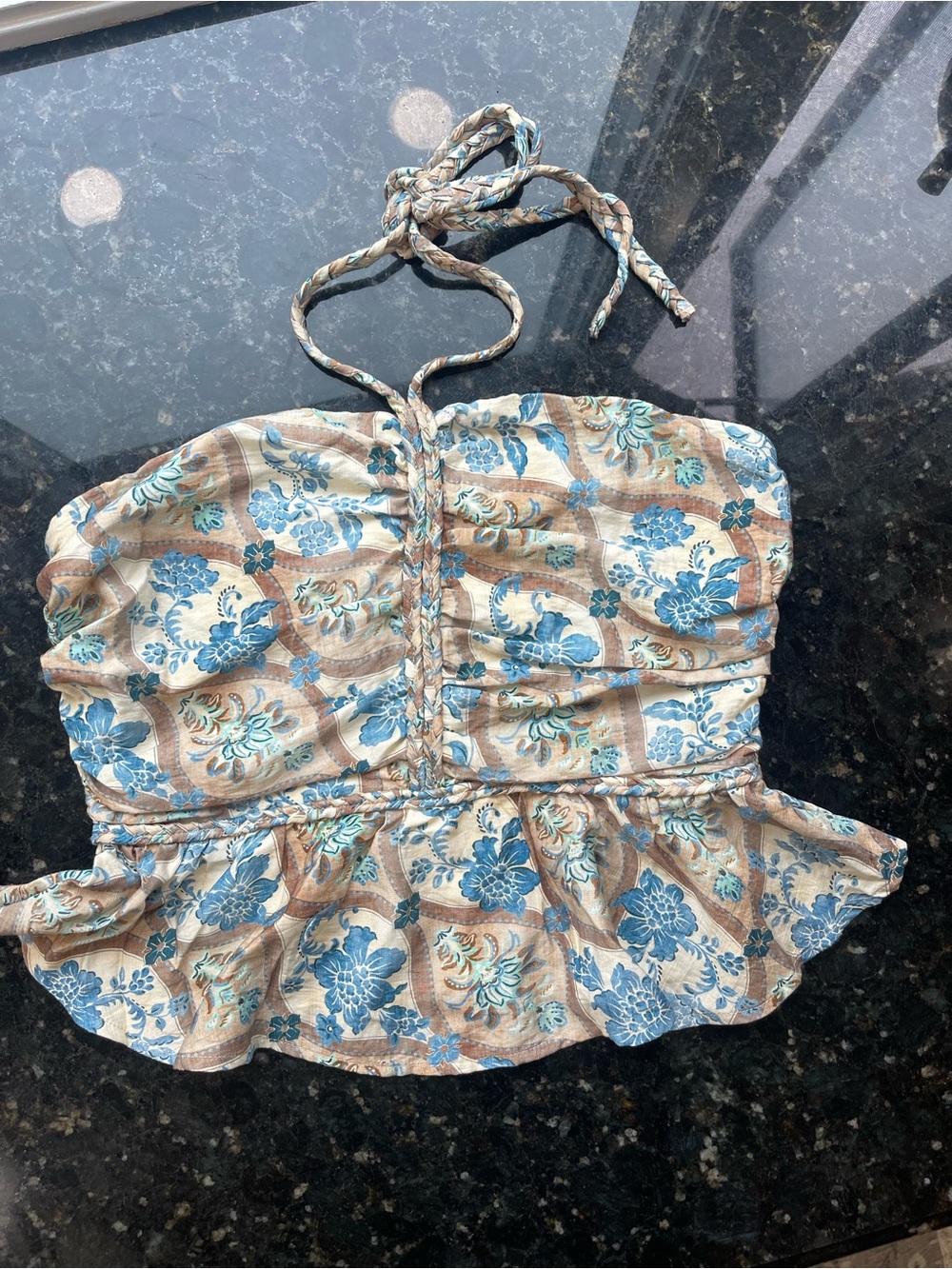 Monteau Blue & Brown Smocked Floral Halter Camisole